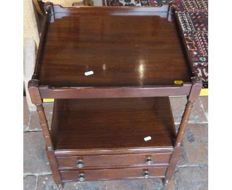 A pair of modern mahogany two tier side tables, the galleried tops above pot shelf and two single drawers, raised on turned f
