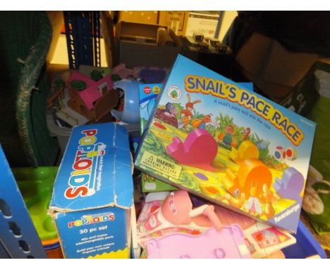 A large collection of various children's toys, etc to include a Wembley Clock Golf set and a child size croquet set, blue 'Sp