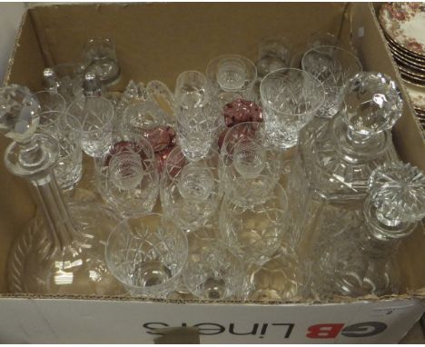 A box of assorted glassware to include an Edinburgh Crystal decanter, together with four wines glasses, tumblers and sherry g