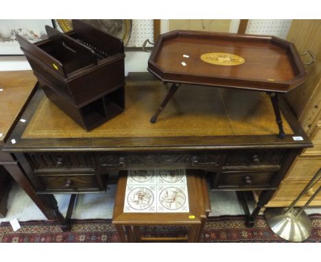 A modern oak writing table, mahogany and inlaid bed table, mahogany tv stand, magazine rack, nest of three occasional tables,