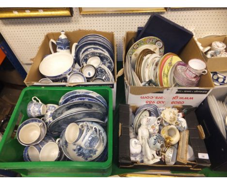 Two boxes of assorted blue and white "Willow" pattern and other china to include teacups, plates, teapot, etc, together with 