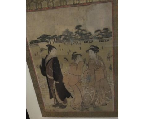 AFTER EISHI (1756-1829) "Three figures conversing", block print, monogrammed lower left