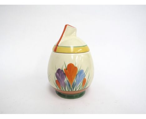 A Clarice Cliff Crocus pattern daffodil shape preserve pot and cover 