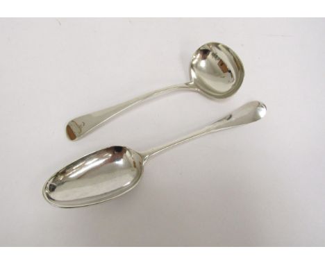 A George II silver spoon, London 1742, monogrammed A.D. and George IV silver sauce ladle, 1822 (2) 124g 