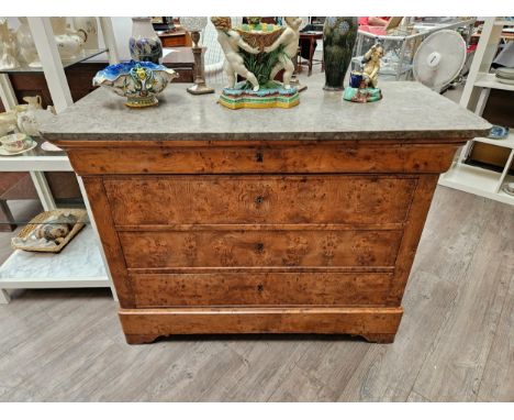 A 19th Century French burr walnut chest of four long drawers, the top a cushion drawer, marble top, bracket feet, 97cm x 128c