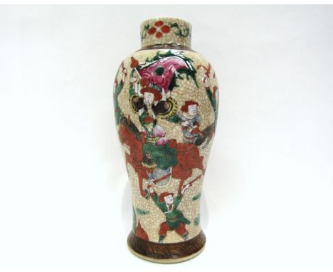 An early 20th Century Chinese crackle glaze vase decorated with warriors, some on horseback, brown seal mark to base, 25cm ta