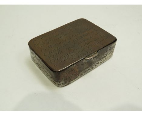 A 19th Century commerotive snuff box with all over engraved writing 'In memory of Charles Blake drowned in a gale on the boat