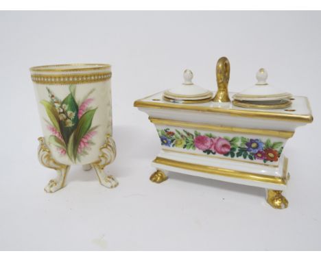 A 19th Century Royal Worcester handpainted pot raised on three feet, and a double inkwell with some damage 