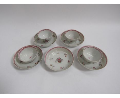 Four 18th Century Newhall tea bowls and saucers and an extra saucer. Diameter of bowl is 7cm and saucer 11cm. Hairline crack 