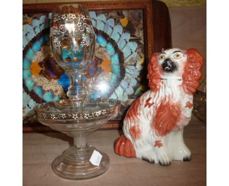 Staffordshire style dog and a wine glass with enamel decoration