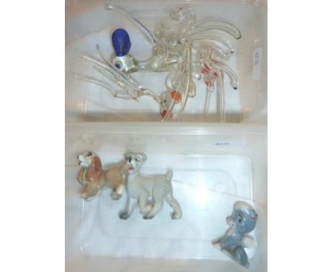 Wade Lady & The Tramp lady, tramp and 1 other figurine and a selection of glass animals