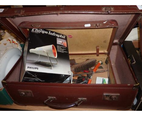 Old suitcase containing Philips Infraphil lamp, tools etc