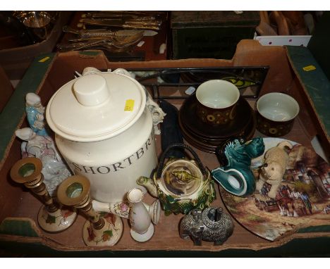 Collector's plate, candlesticks, Poole seal ornament, canister, elephant ornament etc