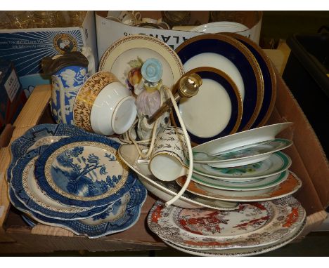 Selection of blue and white plates, jug, Haviland Limoges plates with gilt surround etc