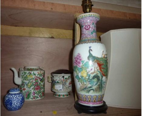 Oriental lidded beaker, oriental tea pot, small ginger jar and a lamp with shade