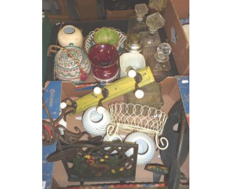 2 boxes of assorted decorative items inc decanters, vases, modern candlestick etc