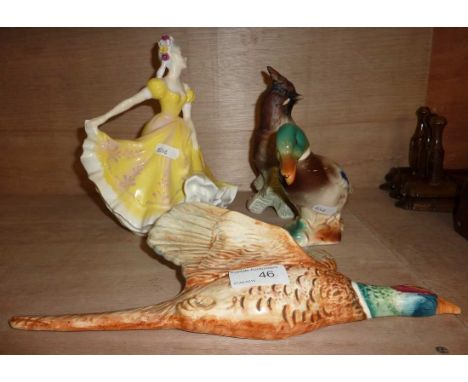 Beswick flying pheasant, Goebel bird with impressed marks CV80, 1967, Royal Doulton figurine 'Ninette' a/f and a duck ornamen