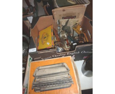 Golf club paper clip, lighters, torsion clock, staplers and a Royal Beam scale in original box