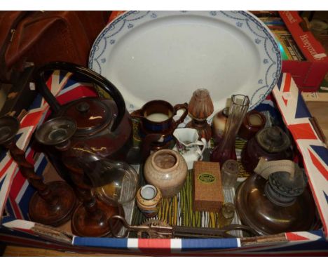 Pair of wooden candlesticks, copper luster jug, 2 glass paraffin lamps, enamel kettle etc