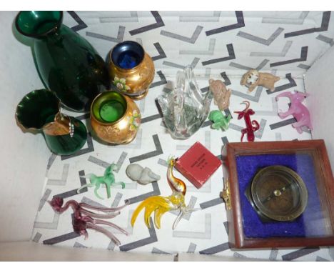 Selection of glass animals, small Venecian glass vases, Wade lady and a compass