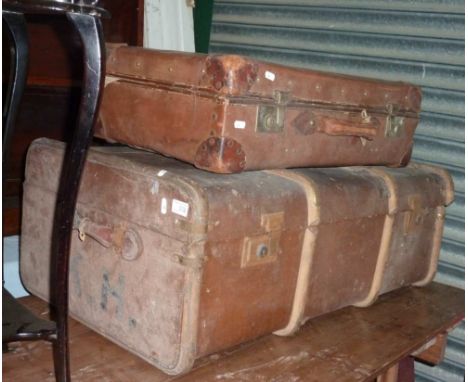 Wooden bound trunk and suitcase (2)