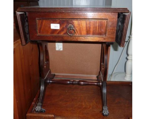 Small mahogany drop leaf sofa table with single drawer and an oak 2 tier trolley