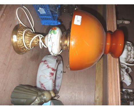 Paraffin lamp converted to electric with ceramic hand painted reservoir and cased glass shade and a mottled glass hanging sha