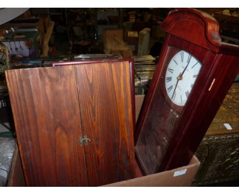 Small oak key box, small display shelf and a hanging wall clock