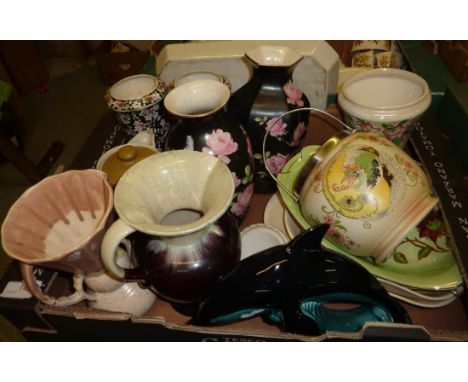 Selection of jugs, vases inc Beswick and Crown Ducal, Carltonware biscuit barrel, Poole dolphin etc