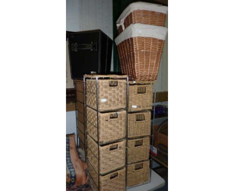 3 wicker shelf units, wicker stacking drawers etc