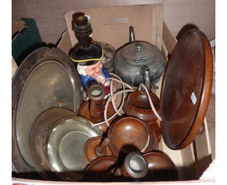Pewter tea pot, character jug lamp, wooden candlesticks etc