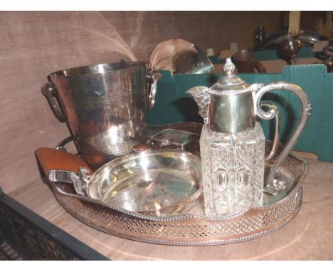 Silver plate inc. champagne bucket, tankard, small claret jug, spirit flask, chestnut roaster, tray with squirrel mounts and 