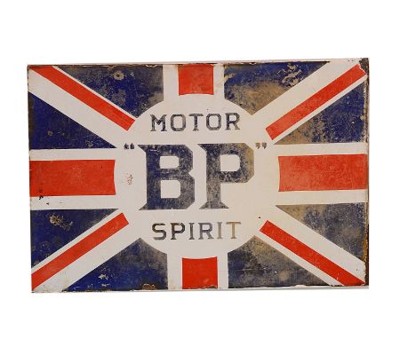  Motoring,  Enamel advertising sign, " BP Motor Spirit" in blue text on a white circle background over printed on a Union fla