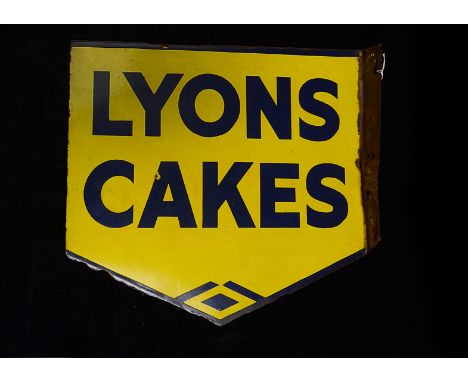 Ephemera-Enamel sign, a " Lyons Cakes" sign, yellow and blue enamel with side mounting  edge, 39cm x 44.5cm some surface and 