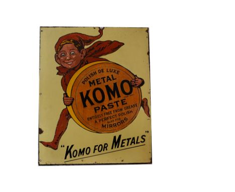 Ephemera-Enamel sign, a " Komo paste", metal polish sign. Central design with imp holding paste tin " Komo for Metals", red/b