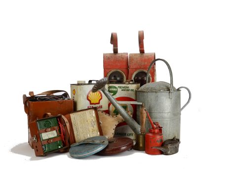 Motoring, A pair of vintage metal road lamps (no burners) together with old oil cans, surveyors tapes, cased vintage voltmet