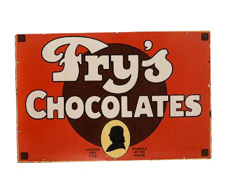 Ephemera-Enamel sign, a " Fry's Chocolates" red, brown and white example with central Joseph Fry cameo logo. Some fading ,50.