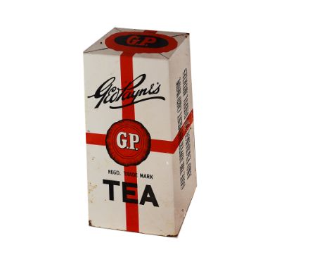 Ephemera-Enamel sign, a"G.P. Tea", tea packet shaped example, with red cross and black text on white background and "GP" seal