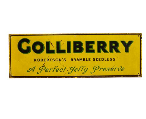 Ephemera - Enamel Sign, a " Golliberry Robertson's Bramble Seedless, A perfect jelly preserve" sign, yellow, black and green 