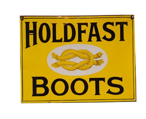 Ephemera-Enamel sign, a " Holdfast Boots" single sided yellow example with double saffordshire knot logo. Made by Chromo Wolv