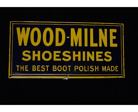 Ephemera-Enamel sign, a "Wood-Milne Shoeshines", The best boot polish made, Made by Enamel Co Ltd B'Ham, blue and yellow, goo