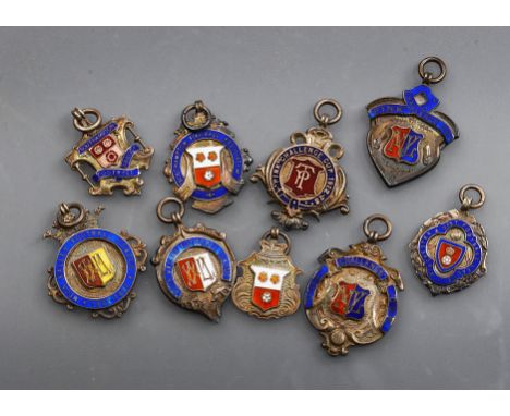 Medals, A selection of nine 1920s silver and enamel Football medals, Meon Valley Football League Div. 1 Winners, Pink Challen