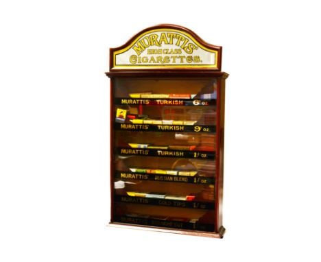 Cigarette Counter Display, A Murattis High Class Glazed Cigarette Counter Display in mahogany, with arch over mirror and bras