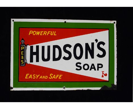 Ephemera-Enamel sign, a " Hudson's Soap" torch beam type sign. Good colour , 28cm x 45.5cm, six mounting holes, edge and hole