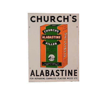Ephemera-Enamel sign, a "Church's Alabastine" white, green and orange wall mounted sign with filler packet logo. Lighter cons
