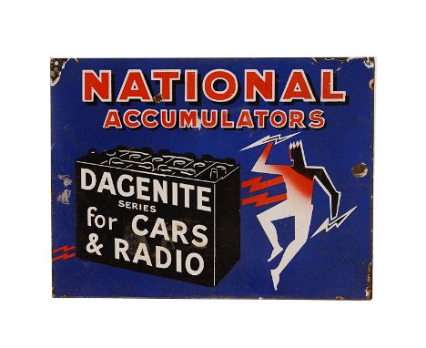 Motoring-Sign, a "National Accumulators" Dagenite battery sign, for cars and radio.  In blue with red and white lettering wit