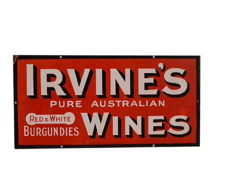 Ephemera-Enamel sign, a "Irvines Pure Australian Wines" sign by Enamel Co Ltd- B'Ham & London, red black and white, six mount