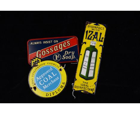 Ephemera-Enamel sign, a "IZAL Disinfectant" sign 25cm x 7.5cm together with a "Coal Utilisation Council" circular 13cm and a 