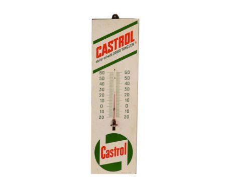 Motoring-advertising, a Enamel "Castrol" wall mounted display thermometer 76cm x 23cm. Possibly a replacement glass, red liqu