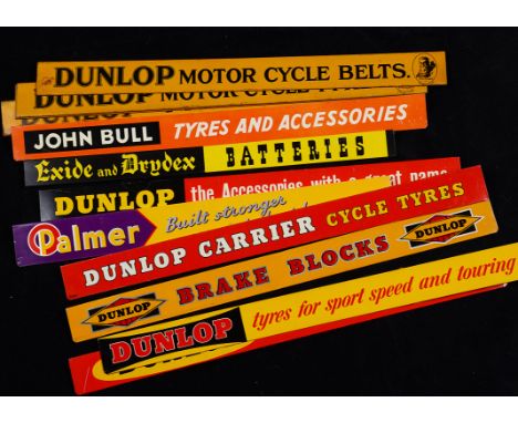 Motor Cycle -Sign, a Dunlop " Tyre Pumps" shelf edging sign together with examples for "Tyre Accessories", " Motor Cycle Tyre